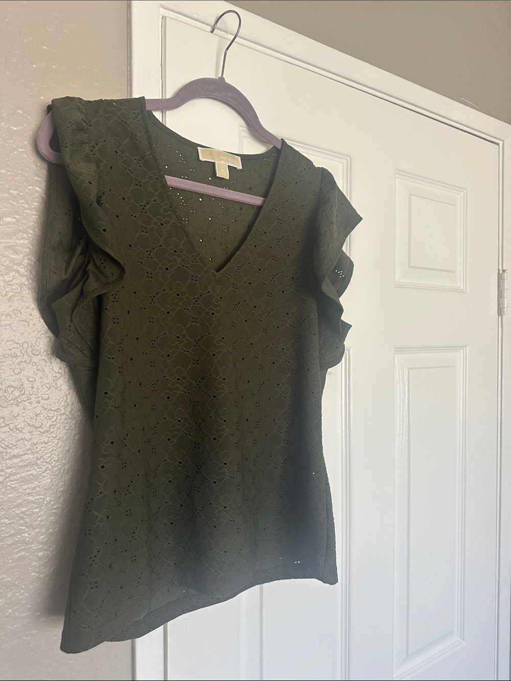 MICHAEL Michael Kors Olive Green Eyelet V-Neck Flutter Sleeve Top - Picture 2 of 6